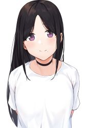 Rule 34 | 1girl, anti (0324), arms behind back, black choker, black hair, blush, choker, closed mouth, long hair, looking at viewer, mole, mole under eye, mole under mouth, original, parted bangs, purple eyes, shirt, short sleeves, simple background, smile, solo, upper body, white background, white shirt