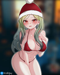 Rule 34 | 1girl, artist name, bandaid, bandaid on face, bandaid on nose, between legs, bikini, blonde hair, blurry, blurry background, breasts, christmas, facial mark, fur-trimmed headwear, fur trim, gradient hair, grey hair, hand between legs, hat, heart, heart facial mark, highres, jingburger, large breasts, leaning forward, long hair, looking at viewer, micro bikini, multicolored hair, navel, official alternate hairstyle, open mouth, paid reward available, red bikini, red eyes, red hat, santa hat, solo, string bikini, swimsuit, trashguy, virtual youtuber, waktaverse