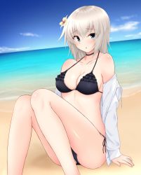 Rule 34 | 1girl, :o, arm support, beach, bikini, black choker, blue eyes, blue sky, blush, breasts, choker, cleavage, cloud, cloudy sky, commentary, day, drawstring, flower, frilled bikini, frills, girls und panzer, hair flower, hair ornament, highres, itsumi erika, legs, long hair, looking at viewer, medium breasts, nama kn, no pants, ocean, off shoulder, open clothes, open mouth, open shirt, outdoors, parted lips, shirt, side-tie bikini bottom, silver hair, sitting, sky, solo, sweat, swimsuit, white shirt