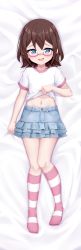 Rule 34 | 1girl, :d, absurdres, bed sheet, blue eyes, blue skirt, brown hair, chrisandita, clothes lift, commission, dakimakura (medium), denim, denim skirt, full body, glasses, highres, kneehighs, layered skirt, lifted by self, looking at viewer, lying, navel, no shoes, on back, open mouth, original, pink-framed eyewear, pixiv commission, pleated skirt, semi-rimless eyewear, shirt, shirt lift, short sleeves, skirt, smile, socks, solo, striped clothes, striped socks, under-rim eyewear, white shirt