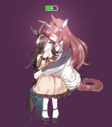 Rule 34 | 2girls, animal ears, battery indicator, bow, brown dress, brown hair, character request, commentary, dress, closed eyes, frilled dress, frills, hair bow, hair over one eye, horse ears, horse girl, horse tail, hug, jacket, long hair, mihono bourbon (umamusume), multiple girls, own hands together, pink hair, purple background, purple eyes, rice shower (umamusume), romi (346 ura), simple background, sitting, sitting on lap, sitting on person, sketch, sweatdrop, tail, umamusume, white jacket, white legwear, yellow bow, yuri