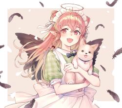 Rule 34 | :d, animal, apron, black feathers, black wings, border, bow, bowtie, braid, dog, e (eokiba), fang, feathered wings, feathers, green shirt, hair bow, hair ribbon, halo, holding, holding animal, long hair, maid, maid apron, maid headdress, open mouth, original, pink background, pink eyes, pink hair, plaid, plaid shirt, pointy ears, puffy short sleeves, puffy sleeves, ribbon, shirt, short sleeves, smile, white border, white ribbon, wings