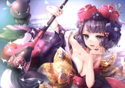 Rule 34 | 1girl, bare shoulders, breasts, calligraphy brush, cleavage, collarbone, commentary request, fate/grand order, fate (series), flower, hair flower, hair ornament, hairpin, hane yuki, head rest, highres, holding, holding paintbrush, japanese clothes, katsushika hokusai (fate), kimono, lying, obi, octopus, off shoulder, on side, open mouth, paintbrush, purple eyes, purple hair, purple kimono, sash, short hair, smile, solo, tokitarou (fate)