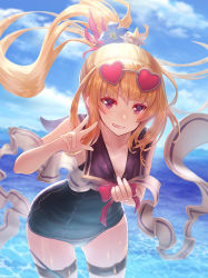 Rule 34 | 1girl, black one-piece swimsuit, blonde hair, blue flower, blue sky, blurry, blurry background, cagliostro (granblue fantasy), cagliostro (summer) (granblue fantasy), clothes pull, cloud, collarbone, cowboy shot, day, fang, flat chest, floating hair, flower, granblue fantasy, grin, hair flower, hair ornament, heart, heart-shaped eyewear, leaning forward, long hair, looking at viewer, ocean, one-piece swimsuit, one-piece swimsuit pull, ponytail, pulled by self, purple eyes, red-framed eyewear, shiny skin, sky, smile, solo, standing, sunglasses, sunglasses on head, swimsuit, tanaka ken&#039;ichi, thigh strap, v-shaped eyebrows, very long hair, w