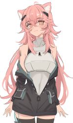 Rule 34 | 1girl, ahoge, animal ear fluff, animal ears, arknights, armor, bare shoulders, black jacket, black thighhighs, breastplate, closed mouth, commentary request, gravel (arknights), hair between eyes, highres, jacket, long hair, long sleeves, looking at viewer, off shoulder, pink hair, red eyes, shino duka, shirt, simple background, sleeveless, sleeveless shirt, smile, solo, thighhighs, very long hair, white background, white shirt