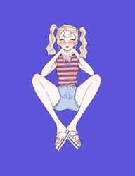 Rule 34 | 1girl, blonde hair, blue background, earrings, elbow rest, female focus, highres, jewelry, lips, looking over eyewear, looking over glasses, nail polish, orange-tinted eyewear, orange-tinted glasses, original, rikuwo, sandals, shirt, shirt tucked in, shorts, simple background, solo, star (symbol), striped clothes, striped shirt, sunglasses, tinted eyewear, toenail polish, toenails, twintails