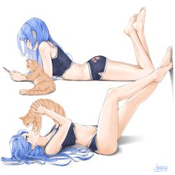 Rule 34 | 1girl, animal, artist name, ass, bare arms, bare shoulders, barefoot, black shirt, black shorts, blue eyes, blue hair, cat, chaesu, crop top, feet up, from side, highres, holding, holding animal, holding phone, long hair, bae minah (chaesu), multiple views, navel, original, phone, shirt, shorts, simple background, stomach, white background