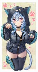 Rule 34 | 1girl, animal ears, animal hood, artist name, blush, breasts, cat ears, cat hood, cat tail, choker, cleavage, closed mouth, collarbone, fake tail, ganyu (genshin impact), genshin impact, highres, hood, hoodie, large breasts, looking at viewer, nyamaso, paw pose, paw print, paw print background, solo, tail, thighhighs