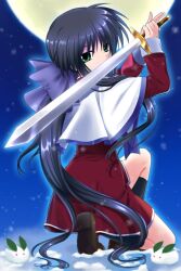 Rule 34 | 1girl, arms up, black hair, black socks, blurry, bow, brown footwear, capelet, commentary, depth of field, dress, expressionless, from behind, full body, full moon, green eyes, hair between eyes, hair bow, hair over shoulder, hair spread out, holding, holding sword, holding weapon, kanon, kawasumi mai, knee up, loafers, long hair, looking at viewer, looking back, moon, night, on one knee, otou (otou san), outdoors, own hands together, ponytail, purple bow, red dress, school uniform, shoes, sidelocks, snow rabbit, snowing, socks, solo, spiked hair, sword, tiptoes, very long hair, weapon, white capelet