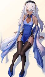 Rule 34 | 1girl, 3 small spiders, bare shoulders, blue dress, china dress, chinese clothes, collarbone, commentary request, dark-skinned female, dark skin, detached sleeves, dress, eyepatch, full body, girls&#039; frontline, grey eyes, hair ornament, hat, highres, hs.50 (girls&#039; frontline), hs.50 (sigh of the waterfront pine) (girls&#039; frontline), long hair, looking at viewer, official alternate costume, simple background, sitting, smile, solo, thighhighs, white hair