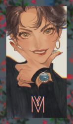 Rule 34 | 1girl, blurry, blurry background, blurry foreground, blush, brown hair, chromatic aberration, close-up, dekooop, depth of field, ear piercing, earrings, fang, fingernails, highres, jewelry, lips, looking at viewer, original, piercing, short hair, smile, solo, sweater, watch