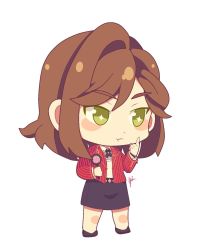 Rule 34 | 1girl, black skirt, blush stickers, brown hair, chibi, full body, green eyes, hair between eyes, highres, holding, holding magnifying glass, index finger raised, jacket, long hair, long sleeves, magnifying glass, polo shirt, red jacket, rosa (tears of themis), shirt, simple background, skirt, solo, tears of themis, tsukiko12099, white background, white shirt