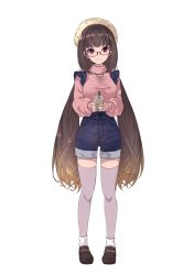 Rule 34 | 1girl, absurdres, blue shorts, brown footwear, brown hair, fate/grand order, fate (series), full body, glasses, gradient hair, grey thighhighs, hair ornament, hane yuki, hat, high-waist shorts, highres, long hair, long sleeves, looking at viewer, multicolored hair, osakabehime (fate), pink sweater, red-tinted eyewear, red eyes, short shorts, shorts, simple background, smile, socks over thighhighs, solo, standing, sweater, thighhighs, thighs, tinted eyewear, turtleneck, turtleneck sweater, twintails, very long hair, white background, white hat, zettai ryouiki