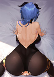 Rule 34 | 1girl, ahoge, all fours, anus, ass, back, backboob, bar censor, bare back, bare shoulders, black leotard, blue hair, blush, breasts, brown pantyhose, censored, facing away, ganyu (genshin impact), genshin impact, greem bang, highleg, highleg leotard, highres, horns, large breasts, leotard, long hair, low ponytail, pantyhose, pussy, solo, spread legs, sweat, torn clothes, torn pantyhose