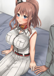 Rule 34 | 1girl, absurdres, anchor, bed, blue eyes, breast pocket, breasts, brown hair, dress, hair between eyes, highres, kantai collection, large breasts, miyotarou, neckerchief, on bed, pocket, ponytail, saratoga (kancolle), short sleeves, side ponytail, sidelocks, sitting, smokestack hair ornament, solo focus, white dress