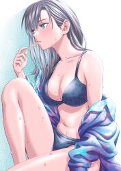 Rule 34 | 1girl, bikini, blue bikini, blue eyes, blue shirt, breasts, cleavage, collarbone, food, food in mouth, from side, grey hair, highres, holding, holding food, holding popsicle, knee up, large breasts, masatoshi 1219, medium hair, navel, off-shoulder shirt, off shoulder, original, popsicle, popsicle in mouth, popsicle stick, print bikini, print shirt, shirt, sitting, solo, sweat, swimsuit