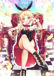Rule 34 | 1girl, :d, ace (playing card), ace of hearts, animal ears, arm rest, armchair, bang dream!, bare legs, black footwear, black leotard, blonde hair, blush, bow, breasts, cape, card, casino, chair, checkered floor, cleavage, commentary request, crossed legs, crown, fake animal ears, floating card, foreshortening, full body, fur-trimmed cape, fur trim, hair spread out, heart, highres, jack (playing card), jack of diamonds, king (playing card), king of spades, leotard, light particles, long hair, looking at viewer, medium breasts, mini crown, no socks, on chair, open mouth, partial commentary, playboy bunny, playing card, poker chip, rabbit ears, red bow, red cape, red neckwear, roulette table, shoes, sidelocks, sitting, sleeveless, smile, solo, strapless, strapless leotard, swept bangs, table, thigh strap, thighlet, tsurugi hikaru, tsurumaki kokoro, wrist cuffs, yellow eyes