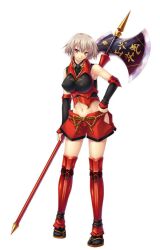 Rule 34 | armor, axe, battle axe, blonde hair, breasts, covered erect nipples, game cg, holding, holding weapon, japanese armor, japanese clothes, large breasts, lilith-soft, lowres, midriff, red eyes, sandals, shorts, socks and sandals, takeda shingen (sengoku makan), weapon, white background
