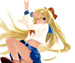 Rule 34 | 1girl, aino minako, bad id, bad pixiv id, bare legs, bishoujo senshi sailor moon, blonde hair, blue eyes, blue sailor collar, blue skirt, bow, covering own mouth, crop top, crop top overhang, earrings, floating hair, from below, hair bow, jewelry, loli bushi, long hair, looking at viewer, m/, midriff, one eye closed, red bow, sailor collar, school uniform, serafuku, skirt, solo, stud earrings, white background