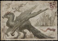 Rule 34 | bird tail, black border, border, claws, commentary request, dragon, fading border, fangs, feathered wings, from side, full body, furred dragon, gibberish text, highres, horns, kuribatake, monster, monster focus, multiple views, no humans, open mouth, original, paper texture, profile, sharp teeth, skull, tail, teeth, western dragon, wings, wyvern, yellow background