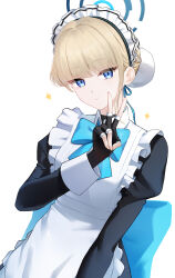 Rule 34 | 1girl, absurdres, aoi riko, apron, black dress, black gloves, blonde hair, blue archive, blue eyes, bow, bowtie, bun cover, closed mouth, dress, fingerless gloves, frilled apron, frills, gloves, hair bun, halo, highres, long sleeves, looking at viewer, maid, maid apron, maid headdress, simple background, single hair bun, solo, sparkle, toki (blue archive), v, white apron, white background