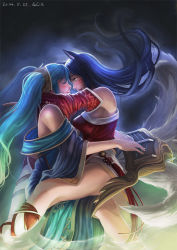 Rule 34 | 2girls, ahri (league of legends), animal ears, bare legs, bare shoulders, black hair, blush, breasts, detached sleeves, dress, elleciel.eud, closed eyes, facial mark, forehead-to-forehead, fox ears, fox tail, green hair, hair ornament, heads together, instrument, keyboard (instrument), korean clothes, league of legends, lips, long hair, multiple girls, multiple tails, nose, off-shoulder dress, off shoulder, sitting, sitting on lap, sitting on person, smile, sona (league of legends), straddling, tail, twintails, upright straddle, whisker markings, yellow eyes, yuri