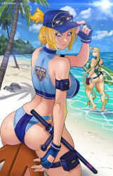 Rule 34 | 2girls, arched back, ass, ass focus, back, baton (weapon), beach, bikini, blonde hair, blue eyes, braid, breasts, cammy white, capcom, curvy, darkereve, final fight, final fight 3, fingerless gloves, gloves, hat, highres, large breasts, long hair, looking at viewer, looking back, lucia morgan, multiple girls, ocean, one-piece swimsuit, parted bangs, police, police hat, police uniform, policewoman, ponytail, shiny skin, skindentation, smile, street fighter, street fighter v, sunglasses, sunglasses on head, surfboard, sweat, swimsuit, tattoo, thick thighs, thigh strap, thighs, twin braids, uniform, very long hair, weapon, wet