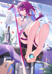 Rule 34 | 1girl, absurdres, annoyed, barefoot, book, book stack, bottle, breasts, cloud, collared shirt, cup, curtains, earrings, eyewear on head, falling petals, feet, glasses, gloves, gzdv2457, hair between eyes, highres, holding, holding cup, honkai: star rail, honkai (series), indoors, jewelry, kafka (honkai: star rail), knee up, lamp, large breasts, legs, liquid, long hair, long sleeves, looking at viewer, parted lips, petals, pince-nez, plant, potted plant, purple-tinted eyewear, purple eyes, purple gloves, purple hair, reflection, round eyewear, shirt, sidelocks, sky, solo focus, sunglasses, sunlight, tinted eyewear, toenails, toes, v-shaped eyebrows, white shirt, window, wine bottle
