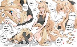 Rule 34 | 2girls, alternate language, arknights, aunt and niece, black ribbon, blemishine (arknights), blonde hair, blue eyes, bottomless, clothed sex, commentary, doggystyle, english commentary, english text, futa with female, futanari, hair ribbon, horse girl, horse tail, incest, long hair, multiple girls, one eye closed, rekka, ribbon, sex, sex from behind, simple background, speech bubble, sweat, tail, whislash (arknights), white background, yellow eyes