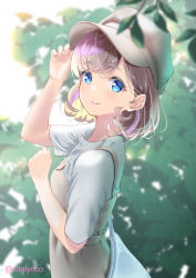 Rule 34 | 1girl, blue eyes, commentary request, grey hair, hat, kitatyoco, looking at viewer, love live!, love live! superstar!!, plant, short hair, short sleeves, smile, solo, tang keke, twitter username