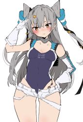 Rule 34 | 1girl, amatsukaze (kancolle), black one-piece swimsuit, blush, breasts, chigasaki yukari, closed mouth, clothes writing, collarbone, competition swimsuit, cosplay, cowboy shot, gloves, grey hair, hair between eyes, hair ornament, hair tubes, highleg, highleg swimsuit, highres, kantai collection, long hair, one-piece swimsuit, scamp (kancolle), scamp (kancolle) (cosplay), short shorts, shorts, simple background, small breasts, solo, star (symbol), star hair ornament, swimsuit, two side up, white background, white gloves, white shorts, wide hips, yellow eyes