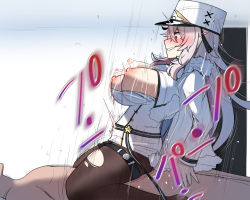 Rule 34 | 1boy, 1girl, akaoni (zumt3548), azur lane, black pantyhose, blush, breasts, breasts out, clothed female nude male, coat, coat dress, commander (azur lane), cowgirl position, crossed bangs, dress, fur-trimmed coat, fur trim, gangut (azur lane), girl on top, hair between eyes, hat, head out of frame, hetero, indoors, large breasts, long hair, long sleeves, looking at another, lying, military hat, mole, mole under eye, motion blur, nipples, nude, on back, pantyhose, red eyes, sex, sidelocks, smile, sound effects, straddling, sweat, thigh strap, torn clothes, torn legwear, vaginal, very long hair, white dress, white headwear