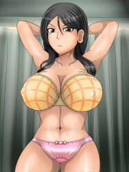 1girl a_certain_high_school_gym_uniform arms_behind_head arms_up bare_arms black_hair bow bow_panties bra bra_visible_through_clothes breasts brown_hair cleavage closed_mouth commentary_request covered_erect_nipples cowboy_shot fukiyose_seiri grid grid_print hair_between_eyes highres indoors large_breasts lips long_hair navel no_pants orange_bra panties pink_panties short_sleeves sidelocks solo standing stomach toaru_majutsu_no_index toaru_majutsu_no_index:_old_testament underwear underwear_only v-shaped_eyebrows wet yellow_bra yoga_(0413011)