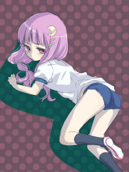 Rule 34 | 1girl, alternate costume, bent over, crescent, crescent hair ornament, female focus, hair ornament, looking back, machiko (beard), patchouli knowledge, purple hair, solo, touhou
