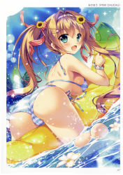 Rule 34 | 1girl, absurdres, artist name, ass, banana boat, bare shoulders, bikini, blonde hair, blue eyes, blush, bow, breasts, day, floatie, food floatie, hair bow, hair ornament, hairband, hairclip, highres, looking at viewer, looking back, medium breasts, mikeou, open mouth, original, outdoors, palm tree, sideboob, sky, smile, solo, sparkle, striped bikini, striped clothes, swimsuit, toranoana, tree, water
