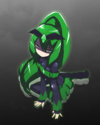 Rule 34 | bad end march, bad end precure, black bodysuit, black headwear, bodysuit, breasts, dark persona, frilled sleeves, frills, green eyes, green hair, highres, leaning forward, looking at viewer, ponytail, precure, shaded face, sitting, small breasts, smile, smile precure!, yamako (yamak0)