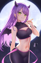 Rule 34 | 1girl, :3, absurdres, aoi zerii, arm behind back, black leggings, breasts, cleavage, cleavage cutout, closed mouth, clothing cutout, colored inner hair, commentary, covered collarbone, crop top, demon girl, demon horns, demon tail, demon wings, ear piercing, fang, full moon, glint, green eyes, green nails, hand up, highres, hololive, horns, huge moon, large breasts, leggings, light blush, long hair, looking at viewer, midriff, moon, multicolored hair, multicolored nails, nail polish, navel, night, piercing, pink hair, pink nails, purple hair, sleeveless, sleeveless turtleneck, smile, solo, swept bangs, tail, tail ornament, tail piercing, tokoyami towa, turtleneck, two-tone hair, virtual youtuber, wings