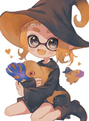 1girl :d black_dress black_footwear black_hat blonde_hair blush boots chibi chibi_inset colored_tongue commentary_request dress fang full_body grey_eyes hat highres holding inflatable_shark inflatable_toy inkling inkling_girl inkling_player_character long_sleeves looking_at_viewer nintendo ochocho2828 open_mouth pointy_ears pointy_footwear reefslider_(splatoon) short_hair simple_background sitting skin_fang smile splatoon_(series) splatoon_3 tentacle_hair wariza white_background wide_sleeves witch_hat yellow_tongue