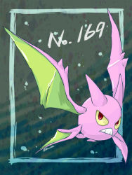 Rule 34 | artist name, bat (animal), border, colored sclera, creatures (company), crobat, full body, game freak, gen 2 pokemon, half-closed eyes, horns, kuuka, looking to the side, nintendo, no humans, pokemon, pokemon (creature), red eyes, simple background, solo, teeth, text focus, twitter username, wings, yellow sclera