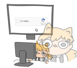 Rule 34 | 1girl, afei (sfma3248), animal ears, black necktie, blonde hair, captcha, cat ears, chibi, chinese commentary, commentary, computer, cursor, dress shirt, girls&#039; frontline, hair ornament, hairclip, highres, idw (girls&#039; frontline), long hair, monitor, mouse (computer), necktie, open mouth, shirt, simple background, solid circle eyes, solo, thinking, translated, triangle mouth, twintails, white background, zoom layer