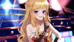 Rule 34 | 1girl, :d, bad id, bad pixiv id, bare shoulders, blonde hair, blue eyes, blurry, blurry background, blush, bracelet, breasts, brown gloves, cleavage, collarbone, commentary request, dress, gloves, hair ornament, heart, highres, idolmaster, idolmaster cinderella girls, idolmaster cinderella girls starlight stage, index finger raised, jewelry, large breasts, long hair, looking at viewer, notice lines, ohtsuki yui, open mouth, smile, solo, spoken heart, teeth, watermark, yuuyu (moco20111115)