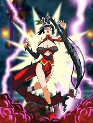 Rule 34 | 1girl, arc system works, bare shoulders, black eyes, black hair, blazblue, bouncing breasts, bra, breasts, china dress, chinese clothes, dress, electricity, electrocution, glasses, hair ornament, highres, lao jiu, large breasts, lightning, litchi faye ling, long hair, looking at viewer, open mouth, ryona, shiny skin, teardrop, tears, thong, underwear, very long hair, yin yang, zappy pappy