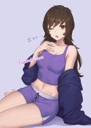 Rule 34 | 1girl, absurdres, bare shoulders, blue jacket, breasts, brown eyes, brown hair, collarbone, commentary, commission, crop top, highres, jacket, lesu, long hair, looking at viewer, midriff, navel, one eye closed, open mouth, original, purple background, purple shorts, purple tank top, short shorts, shorts, simple background, sitting, small breasts, solo, tank top, thighs, zzz