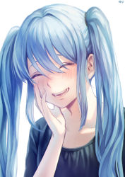 Rule 34 | 1girl, artist name, blue hair, blush, closed eyes, hand on own face, hatsune miku, highres, long hair, open mouth, smile, solo, twintails, upper body, vocaloid, white background, yuuji (yujikazakiri)