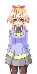 Rule 34 | 100 percent orange juice, 1girl, bespectacled, blonde hair, blue jacket, blush, bow, breasts, brown pantyhose, closed mouth, glasses, green eyes, grey skirt, hair between eyes, hair bow, high ponytail, hono, jacket, long hair, long sleeves, looking at viewer, medium breasts, official art, pantyhose, pleated skirt, ponytail, red-framed eyewear, red bow, simple background, skirt, sleeves past wrists, solo, sora (orange juice), suguri, white background