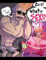 Rule 34 | 1boy, 1girl, abs, ass, bed, bed sheet, blonde hair, boxers, cartoon network, cartoonized, unworn clothes, condom, condom packet strip, condom wrapper, corded phone, crossover, english text, flower, gashi-gashi, heart, heart-shaped pupils, johnny bravo, johnny bravo (character), letterboxed, male underwear, muscular, naked sheet, nervous, nude, official style, panties, panties around ankles, panty &amp; stocking with garterbelt, panty (psg), panty pull, parody, phone, rose, sunglasses, symbol-shaped pupils, talking on phone, toon (style), topless male, underwear