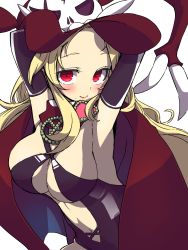 Rule 34 | 10s, 1girl, arms up, black gloves, blonde hair, blush, breasts, cape, center opening, closed mouth, elbow gloves, eyelashes, gloves, hat, highres, large breasts, lips, long hair, looking at viewer, midriff, mole, mole under mouth, moyamu, navel, peace symbol, pink lips, red cape, red eyes, red hat, senran kagura, shiki (senran kagura), simple background, skull, smile, solo, very long hair, white background