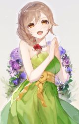 Rule 34 | 1girl, :d, armpit crease, bare arms, bare shoulders, blush, bow, braid, breasts, brown hair, commentary, cowboy shot, dress, eyelashes, flower, green dress, hair ornament, hair over shoulder, hair scrunchie, hands up, headband, highres, idolmaster, idolmaster cinderella girls, jewelry, koyo akio, leaf, light brown background, light particles, looking at viewer, medium breasts, necklace, open mouth, orange eyes, own hands together, parted bangs, pearl choker, pearl hair ornament, pearl necklace, red scrunchie, sash, scrunchie, senkawa chihiro, simple background, sleeveless, sleeveless dress, smile, solo, standing, strapless, strapless dress, teeth, upper teeth only, yellow sash