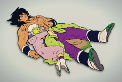 Rule 34 | 1boy, 1girl, abs, boots, broly (dragon ball super), cheelai, colored skin, dragon ball, dragon ball super, dragon ball super broly, closed eyes, green skin, grey background, head on chest, lying, on back, open mouth, pectorals, pelt, scar, topless male, short hair, simple background, sleeping, sleeping on person, spiked hair, tofu (tttto f), white hair, wristband