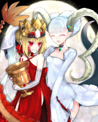 2girls aqua_hair bare_shoulders blonde_hair braid braided_bun breasts chalice choker clenched_teeth closed_eyes crown cup curled_horns double_bun dragon_tail dress elbow_gloves facial_mark fate/grand_order fate_(series) gloves hair_bun hair_intakes hair_ribbon hazuki-a highres horns jewelry larva_tiamat_(fate) larva_tiamat_(first_ascension)_(fate) long_hair long_horns long_sleeves multiple_girls nero_claudius_(fate) nero_claudius_(fate)_(all) open_mouth pendant pointy_ears queen_draco_(fate) queen_draco_(first_ascension)_(fate) red_dress red_eyes red_ribbon ribbed_dress ribbon scales single_glove small_breasts smile tail teeth thighhighs tiamat_(fate) white_dress white_gloves white_thighhighs